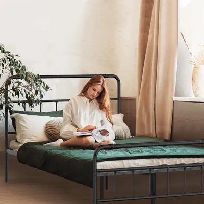 Produktbild von YZNAHRE Bett Bettgestell mit Hohem Kopfteil 160x200 cm Metallbett Bettrahmen mit Stauraum Metall Bed Frame für Gästebett Jugendbett Doppelbett