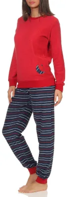 Produktbild von Damen Frottee Pyjama mit Bündchen - Hose gestreift, Top mit Mond und Stern Applikation ; rot , 44