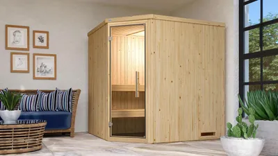 Produktbild von weka Elementsauna VARBERG Eck Gr. 2 Sparset 7,5 kW BioS inkl. digitaler Steuerung, Glastür x B x T x H x 194 x 177 x 199