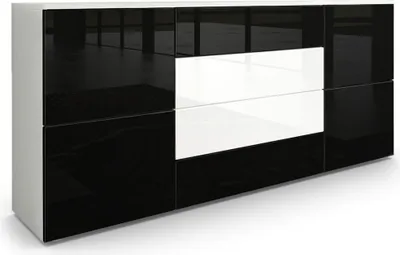 Produktbild von Vladon Sideboard Rova,  Germany, Kommode mit 4 Türen und 4 Schubladen, Weiß matt/Schwarz Hochglanz/Weiß Hochglanz (166 x 72 x 35 cm)