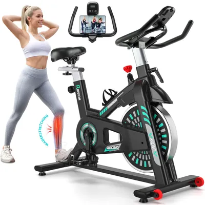 Produktbild von Heimtrainer Fahrrad, Riksion Indoor Cycling Bike, Heimtrainer bis 140 kg belastbar, Robuster Rahmen, Verstellbarer Widerstand und Transportrollen