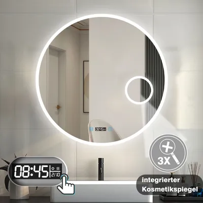A round LED bathroom mirror with integrated features displayed in a modern bathroom setting.