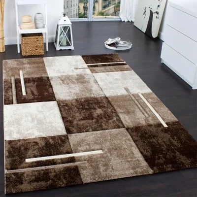 Productafbeelding van Modern design vloerkleed met contourafwerking, ruitpatroon, marmerlook, bruin en crème, afmetingen 60x110 cm