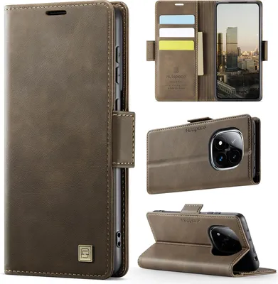 Produktbild von Lederhülle für Xiaomi Redmi Note 14 Pro 4G, RFID Schutz Handyhülle mit Magnetverschluss, Kartenfächern und Ständer Braun