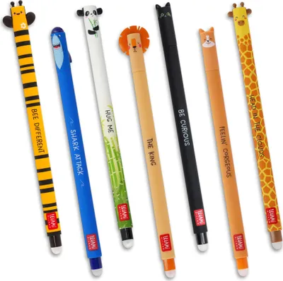 Produktbild von Legami Set mit 7 radierbaren Gelstiften mit thermoempfindlicher Radiertinte, verschiedene Tintenfarben und Schaftdesigns, 0,7 mm Spitze, Designs: Katze, Biene, Corgi, Giraffe, Panda, Hai, Nilpferd