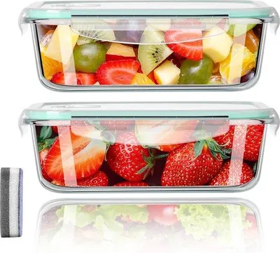 Image de Bocaux en verre avec couvercle, 2 x 640 ml, lavables au lave-vaisselle, adaptés au micro-ondes, résistants au gel, étanches, sans BPA
