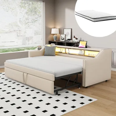 Zdjęcie produktu dla Rozkładana sofa tapicerowana 90/180 x 190 cm, wielofunkcyjna z schowkiem, oświetleniem LED, portem USB, stelażem z listew i dwoma materacami sprężynowymi, beżowa