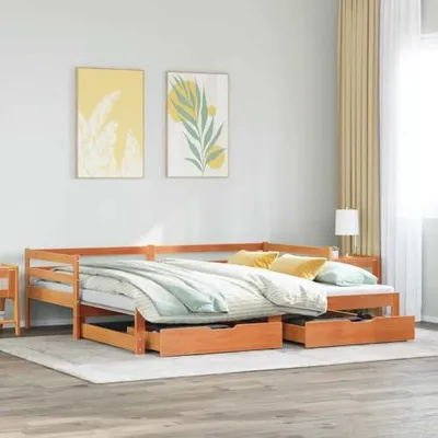 Productafbeelding van Dagbed uitschuifbaar, 80x200 cm, massief grenenhout | 2-in-1 slaapbank, 2 lades voor opbergruimte, inclusief lattenbodem, geschikt als logeerkamerbed