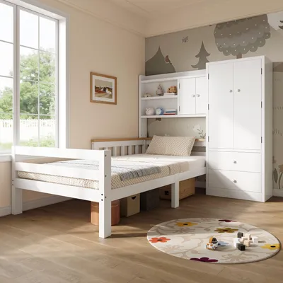 Obrázok produktu pre MODFU detská postel 90 x 200, kombinácia postele a skrine, posteľ pre tínedžov s úložným priestorom, multifunkčná posteľ so zásuvkami a policami, bez matraca, biela