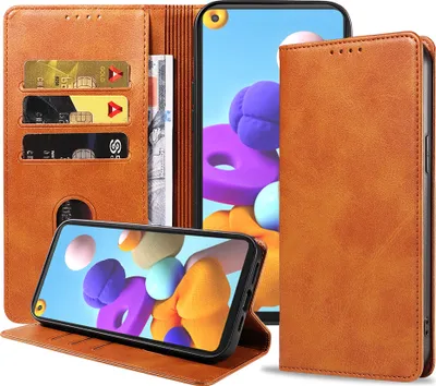 Produktbild von Smartphonica Samsung Galaxy A21s leren hoesje met  magnetische sluiting en pashouders – Bruin
