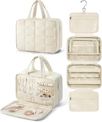 Produktbild von Reise-Toilettentas mit Schmuck-Organisator – Hängbare Reise-Tasche für Toilettengeräte, aufgeblähte Kosmetik-Tasche, Reise-Essentials, Beige