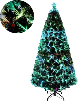 Productafbeelding van XMTECH 210 cm PVC kerstboom, kunstmatig met automatische lichtstanden, met LED-glasvezel kerstboom van groen PVC en metalen voet