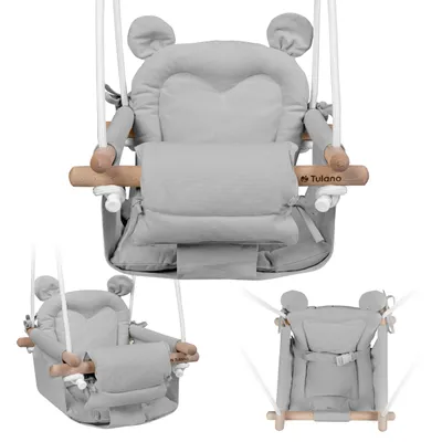 Produktbild von Tulano Hop 30 | Bär Babyschaukel Kinderschaukel | Indoor Outdoor | Sicherheitsgurt | Tragfähigkeit bis 60kg | von 6 bis 36 Monaten | aus Holz | Grau