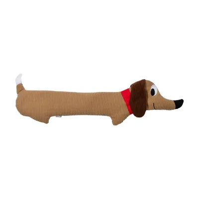 A stuffed dachshund pillow with a red collar, shown from the side against a white background.