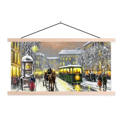 Produktbild von MuchoWow® Textilposter Gemälde - Ölgemälde - Winter - Straßenbahn - Pferd 120x60 cm mit holzfarbenen Rahmen - Klemmleiste