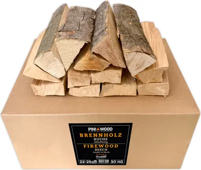 A box of firewood with the top open, showing several pieces of wood stacked inside.