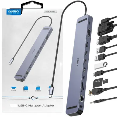 The image shows the packaging of a USB-C multiport adapter, with the adapter itself displayed on the left and a close-up of the adapter with various cables plugged in on the right.