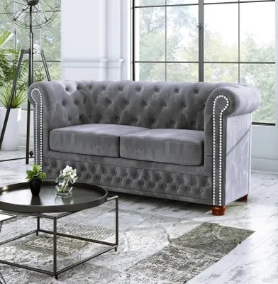 Produktbild von S-STYLE MÖBEL - Chesterfield Jutta Sofa 2-Sitzer aus Grau Samt-Stoff mit Holzfüßen, B/T/H: 148 cm/ 86 cm/ 72 cm