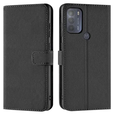 A black flip case for a smartphone is shown, with the phone inside on the right side. The case is closed, and the phone's camera array is visible.