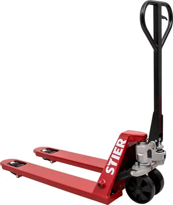 Produktbild von STIER Hubwagen, Gabelhubwagen mit Tragkraft 2500 kg, Gabellänge 800 mm, Nylon-Rollen, Rot, Palettenhubwagen, Handhubwagen, Lenkeinschlag von 210°, wartungsfreie Handhydraulik