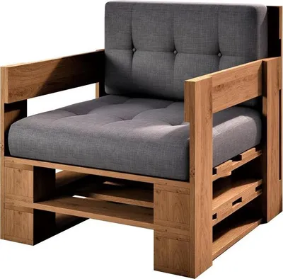 A single armchair made of wood and upholstered in gray fabric.