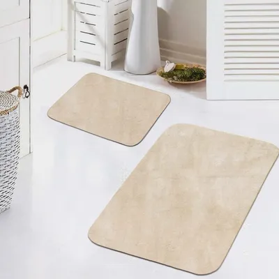 Produktbild von Badteppich WC Teppich Badematten Set 2 teilig waschbar rutschfest in beige, Größe 50x60cm + 60x100 cm