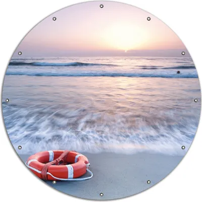 Produktbild von Wallario rundes Outdoor-Poster für Garten oder Balkon, Motiv Rettungsring am Strand bei Sonnenuntergang, 120 cm Durchmesser