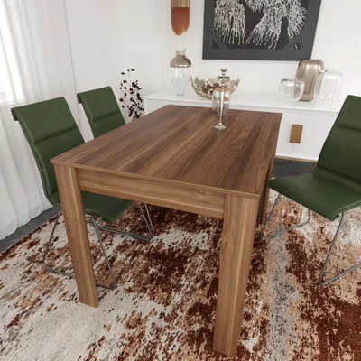 A dining table with chairs in a room setting.