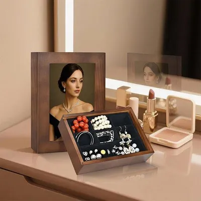 Produktbild von Schmuckkästchen mit Fotorahmen-Deckel – Holz-Schmuckorganizer – für Ringe, Ketten und Ohrringe