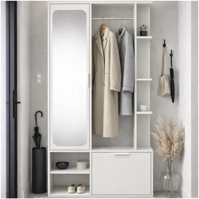 Produktbild von MEBLINI Garderobenschrank Flur mit Spiegel - Garderobe Schrank - Flurgarderobe schmal - Garderobe Flur Möbel Set - Flurschrank hoch - NADIA - 100x33x190cm R/L - Weiß