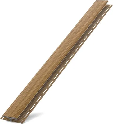 A single piece of brown vinyl siding with a wood grain texture, angled diagonally against a white background.