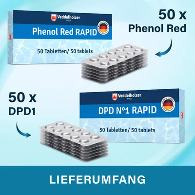Produktbild von Veddelholzer Pooltester 100 Nachfülltabletten DPD 1 Rapid und Phenol Red Testtabletten, je 50 Stück, für pH, freies Chlor und Brom in Pool, Whirlpool