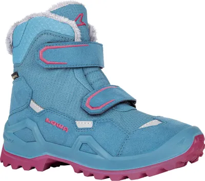 A single blue winter boot for girls with pink accents and a gray fuzzy lining.