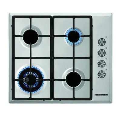 Produktbild von Heinner HBH‑S584WI‑IX Einbau‑Gas‑Kochfeld 58 cm, 4 Gasbrenner, Wok, Gusseisen, Zündung, Edelstahl
