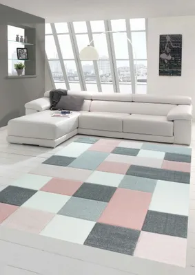 Produktbild von Designer und  Moderner Teppich mit Karo Muster in Rosa Grau Creme Größe - 120 cm Rund