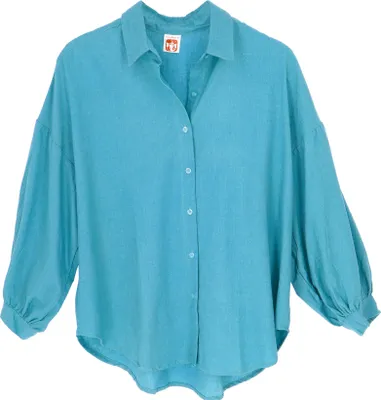 Produktbild von Boho Longbluse, Basic Oversize Baumwoll Bluse mit Langen Ärmeln - Blau, Damen, Baumwolle, Blusen & Tunikas