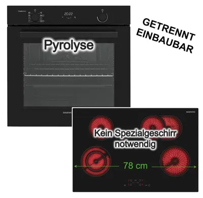 Produktbild von Daewoo Backofenset Einbaubackofen Pyrolyse SoftClose + Glaskeramik Kochfeld 4 Kochzonen Zweikreiszone