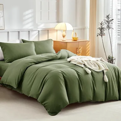 Produktbild von Bettbezug Set 220x240 cm, Spannbetttuch 160x200x35 cm, 2 Kissenbezüge, olivgrüne Mikrofaser Bettwäsche, für