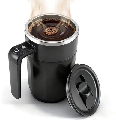 Produktbild von Elektrischer Kaffeebecher mit Temperaturanzeige und Selbstschwenkung, ladbarer Schwenkbecher, automatischer schwenkender Becher mit Deckel, für Kaffee, Milch und andere Getränke, schwarz, 400 ml.
