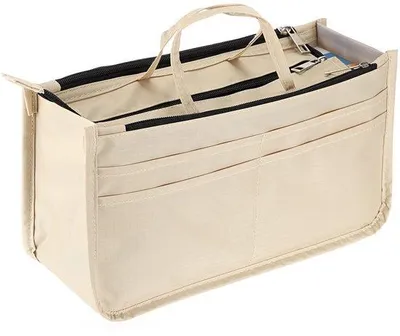 Produktbild von Beige Einkaufstasche mit 13 Fächern, flexible Shutertasche, Geldbörse mit Griff und Organizer.