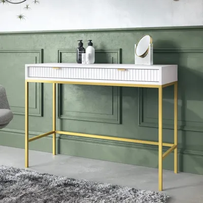 Produktbild von Schminktisch Kioto 104 cm Weiß & Gold – Rillenfront, Goldene Griffe, 2 Schubladen, Elegant