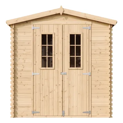 A front view of a wooden garden shed with double doors and two windows.
