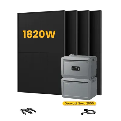 Produktbild von Powerness Balkonkraftwerk mit Speicher, Growatt NEXA 2000 Speicher 2048Wh und NEXA 2000E Erweiterungsakku & 4x 455W Bifazial Glas-Glas Module