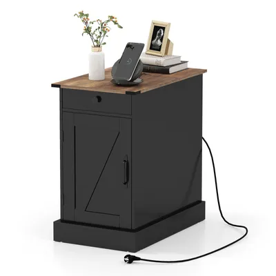 Produktbild von COSTWAY Beistelltisch, Nachttisch mit Ladestation, Tisch klein mit Tischplatte, Schublade, Tablett & Schrank, Sofatisch mit Einlegeboden, Schwarz