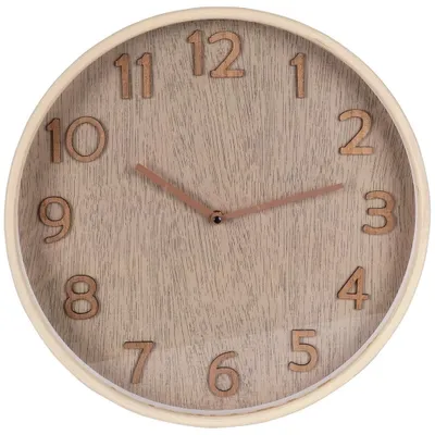 Obrázok produktu pre Elegantné nástenné hodiny 38 cm s dreveným povrchom    Tieto nástenné hodiny majú priemer 38 cm a sú navrhnuté v klasickom štýle. Rám hodiniek je vyrobený z MDF, zatiaľ čo ciferník a ručičky majú povrch pripomínajúci drevo. Ideálne na to, aby váš domov zí