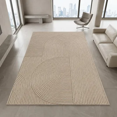 Productafbeelding van Modern design vloerkleed in bruin, met een lijnpatroon en een viltachtige oppervlakte. Afmetingen: 80 x 300 cm