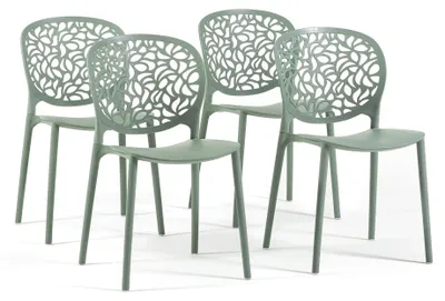 Immagine prodotto di Set di 4 sedie impilabili per interni ed esterni in polipropilene rinforzato con fibra di vetro, schienale con motivo a foglie, per giardino, terrazza, bar, ristorante - Licia Verde