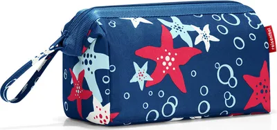 A blue toiletry bag with a starfish and bubble pattern.