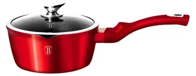 A red saucepan with a glass lid and a red handle, shown against a white background.