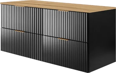 A black and wood-tone cabinet with gold handles.